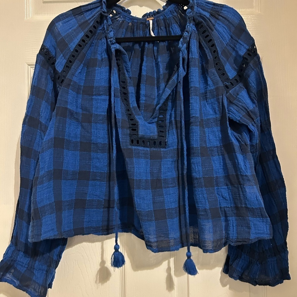 Free people Blue Plaid Peasant Blouse small